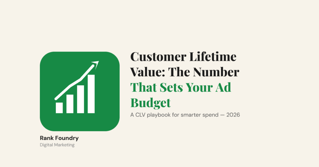 Rounded green icon with a white rising bar chart and arrow, next to the headline Customer Lifetime Value: The Number That Sets Your Ad Budget