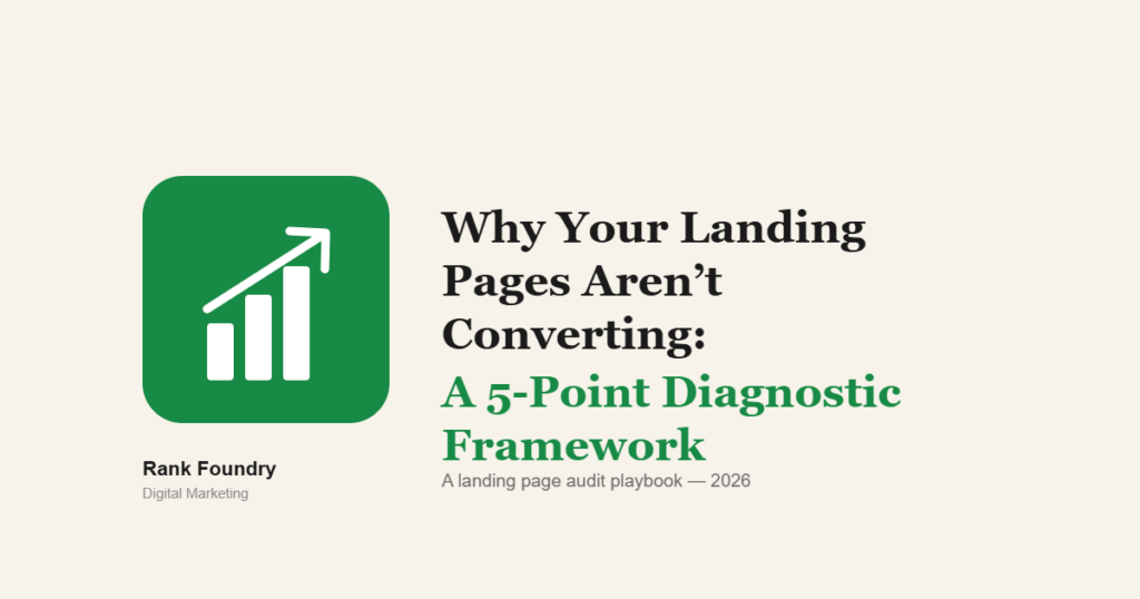 Rounded green icon with a white rising bar chart and arrow, next to the headline Why Your Landing Pages Aren't Converting: A 5-Point Diagnostic Framework