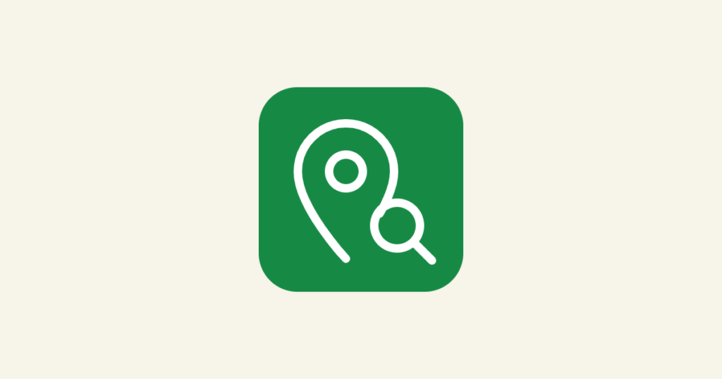 Green rounded-square icon with a white map pin and magnifying glass on a cream background, for a guide to a business not showing on Google Maps