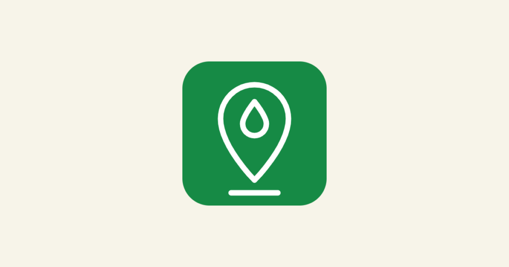 Green rounded-square icon with a white map pin and water drop on a cream background, representing local SEO for plumbers and showing up on Google Maps