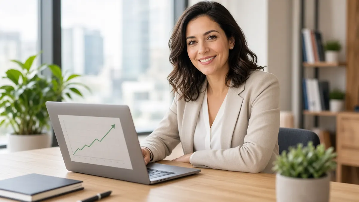 Professional at a bright office desk with a laptop showing a rising chart