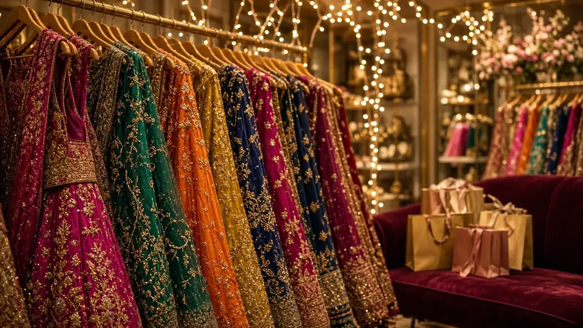 Rail of colourful embroidered lehengas in a festive boutique
