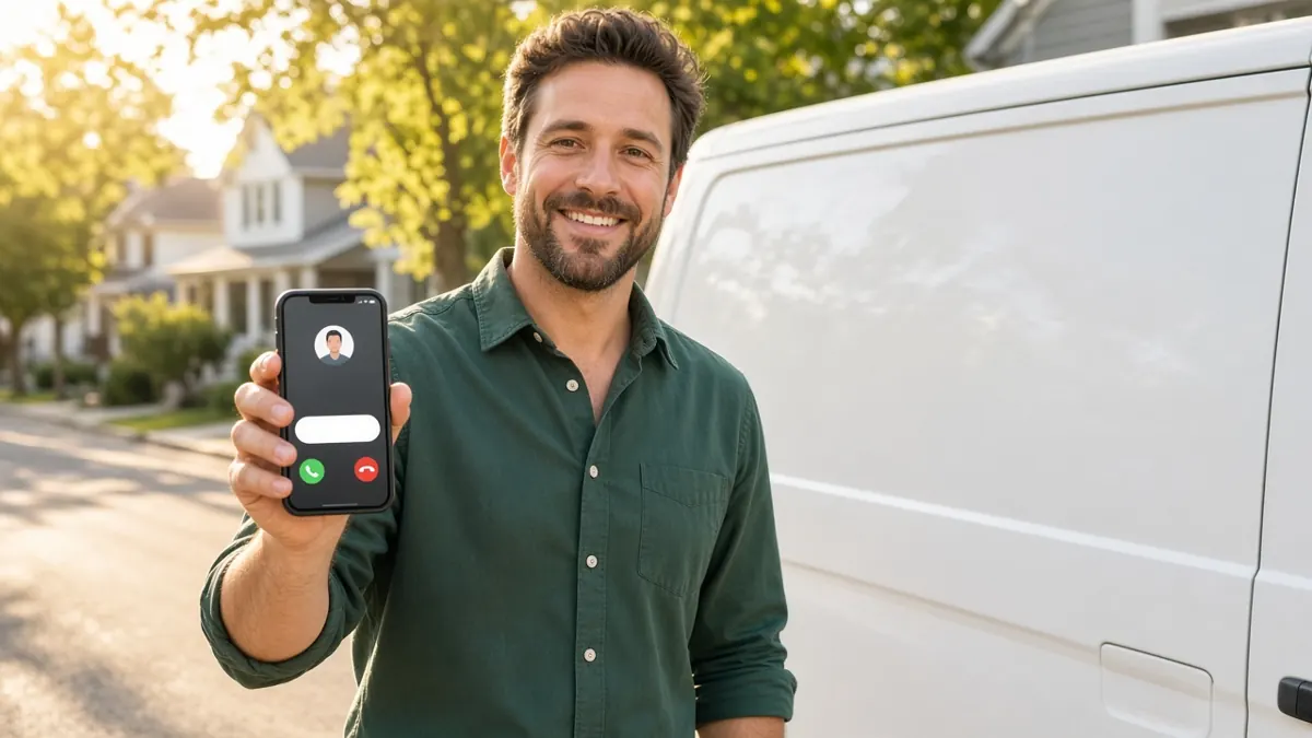 Smiling tradesperson beside a work van holding a phone with an incoming call