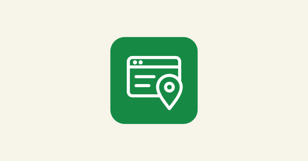 Green rounded-square icon with a white browser window and map pin on a cream background, representing a website alongside a Google Business Profile